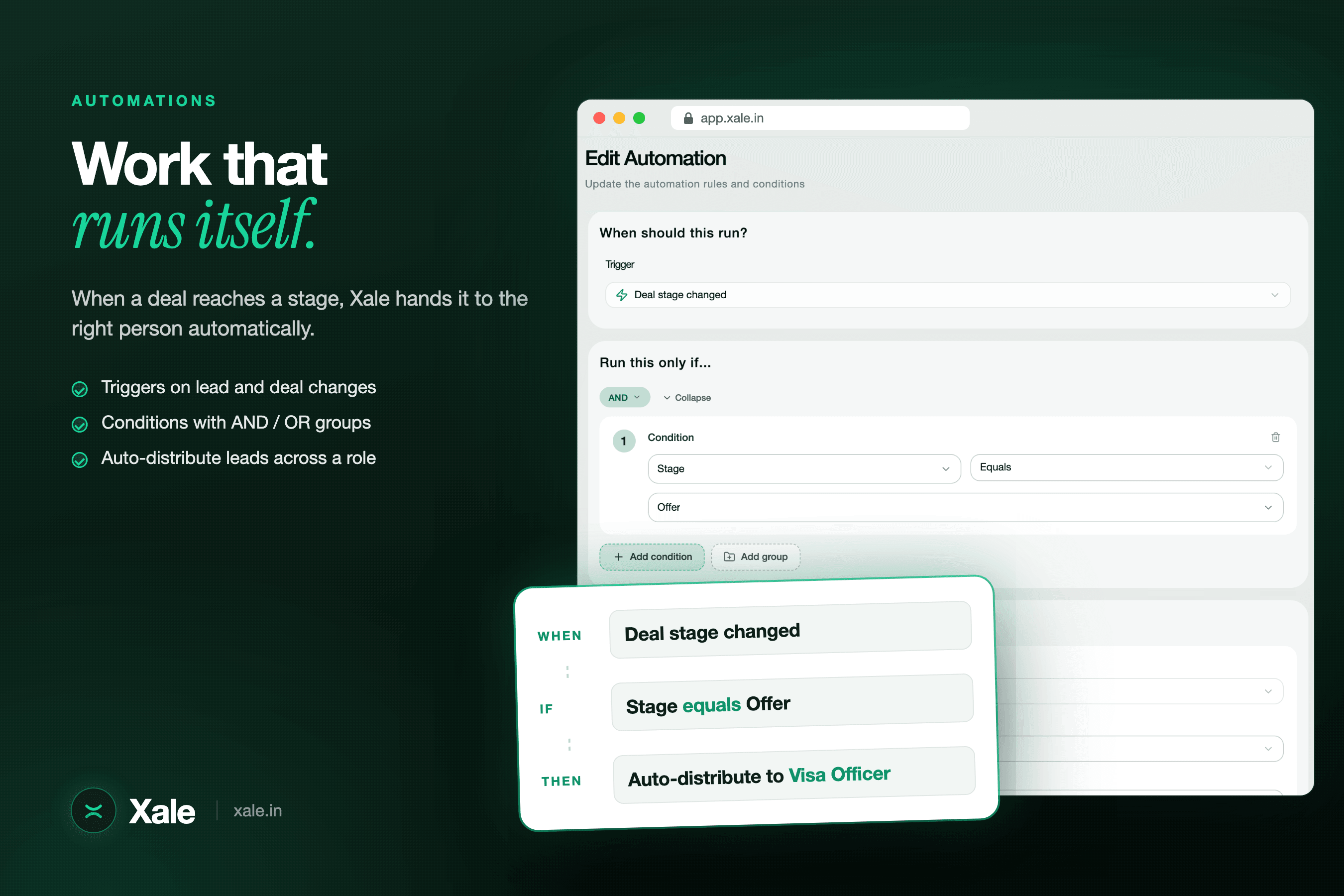 Xale CRM automation builder: when a deal’s stage changes and the stage equals Offer, the deal is auto-distributed to the Visa Officer role.